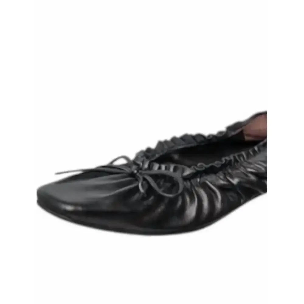 Antelope Black Leather Ruched Ballet Flats with Bow